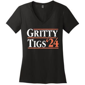 Gritty Tigs October Ready 2024 Playoff Baseball Season Women's V-Neck T-Shirt