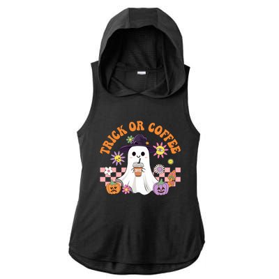 Groovy Trick Or Coffee Floral Ghost Halloween Spooky Ladies PosiCharge Tri-Blend Wicking Draft Hoodie Tank