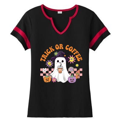 Groovy Trick Or Coffee Floral Ghost Halloween Spooky Ladies Halftime Notch Neck Tee