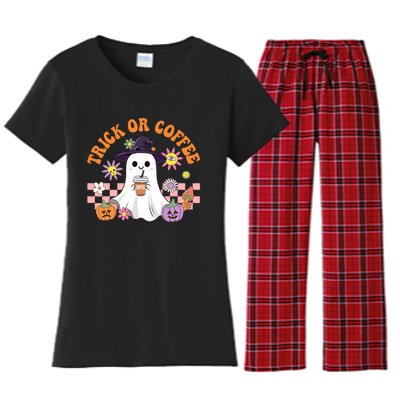 Groovy Trick Or Coffee Floral Ghost Halloween Spooky Women's Flannel Pajama Set