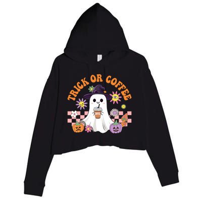 Groovy Trick Or Coffee Floral Ghost Halloween Spooky Crop Fleece Hoodie