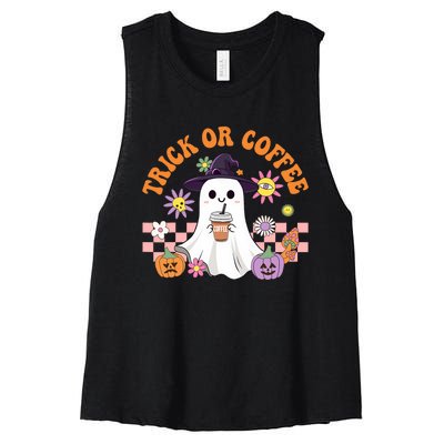 Groovy Trick Or Coffee Floral Ghost Halloween Spooky Women's Racerback Cropped Tank