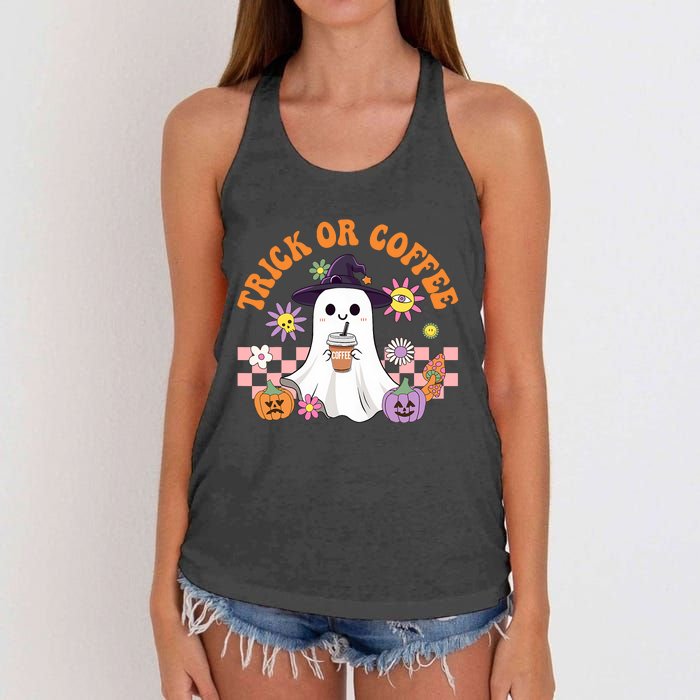 Groovy Trick Or Coffee Floral Ghost Halloween Spooky Women's Knotted Racerback Tank