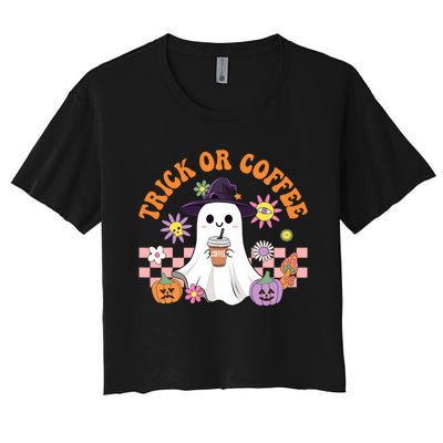 Groovy Trick Or Coffee Floral Ghost Halloween Spooky Women's Crop Top Tee