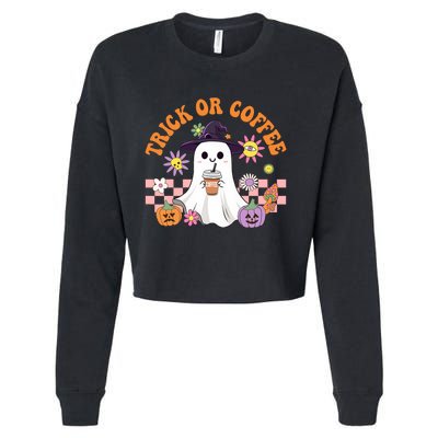 Groovy Trick Or Coffee Floral Ghost Halloween Spooky Cropped Pullover Crew