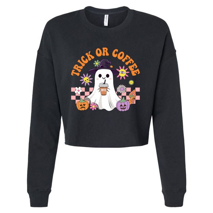 Groovy Trick Or Coffee Floral Ghost Halloween Spooky Cropped Pullover Crew