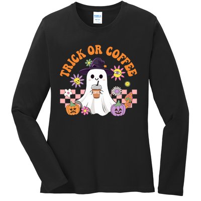 Groovy Trick Or Coffee Floral Ghost Halloween Spooky Ladies Long Sleeve Shirt