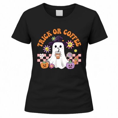 Groovy Trick Or Coffee Floral Ghost Halloween Spooky Women's T-Shirt