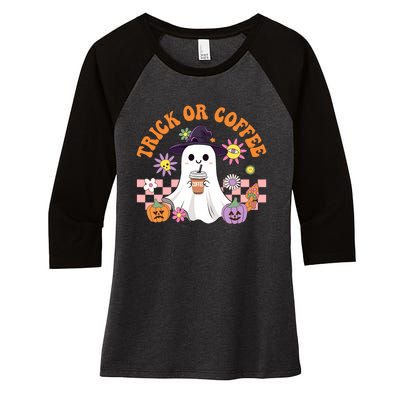 Groovy Trick Or Coffee Floral Ghost Halloween Spooky Women's Tri-Blend 3/4-Sleeve Raglan Shirt