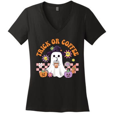 Groovy Trick Or Coffee Floral Ghost Halloween Spooky Women's V-Neck T-Shirt