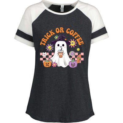 Groovy Trick Or Coffee Floral Ghost Halloween Spooky Enza Ladies Jersey Colorblock Tee