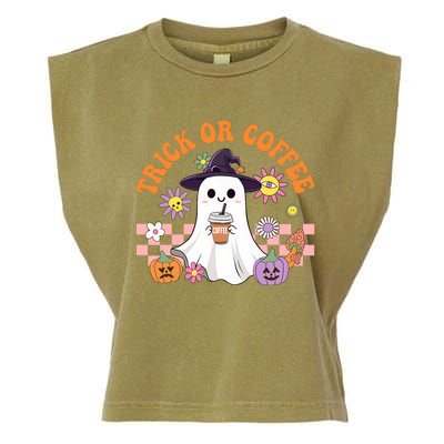 Groovy Trick Or Coffee Floral Ghost Halloween Spooky Garment-Dyed Women's Muscle Tee