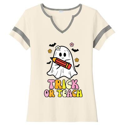 Ghost Trick Or Teach Retro Teacher Halloween Costume Ladies Halftime Notch Neck Tee