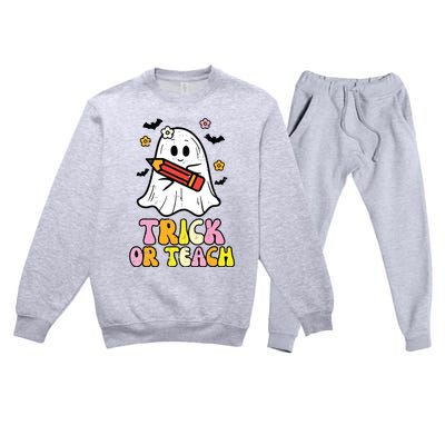 Ghost Trick Or Teach Retro Teacher Halloween Costume Premium Crewneck Sweatsuit Set