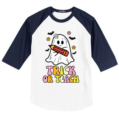 Ghost Trick Or Teach Retro Teacher Halloween Costume Baseball Sleeve Shirt