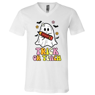 Ghost Trick Or Teach Retro Teacher Halloween Costume V-Neck T-Shirt