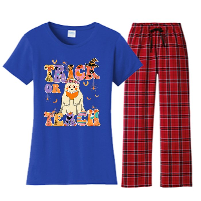 Groovy Trick Or Teach Halloween Teacher Life Retro Vintage Women's Flannel Pajama Set