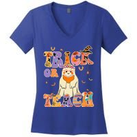 Groovy Trick Or Teach Halloween Teacher Life Retro Vintage Women's V-Neck T-Shirt