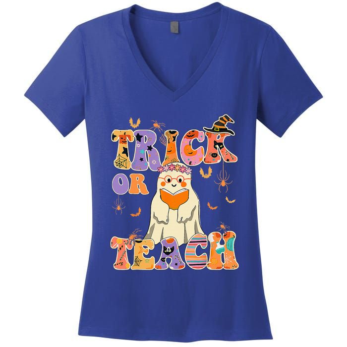 Groovy Trick Or Teach Halloween Teacher Life Retro Vintage Women's V-Neck T-Shirt