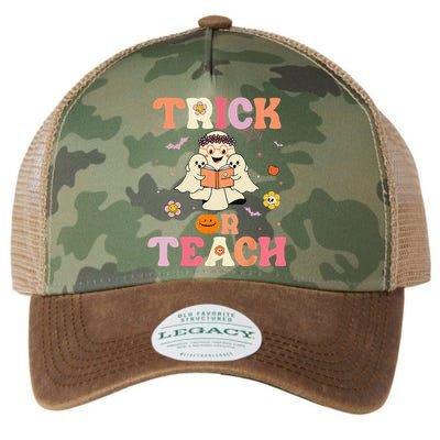 Groovy Trick Or Teach Retro Floral Ghost Halloween Teacher Legacy Tie Dye Trucker Hat