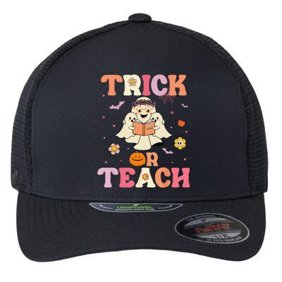 Groovy Trick Or Teach Retro Floral Ghost Halloween Teacher Flexfit Unipanel Trucker Cap