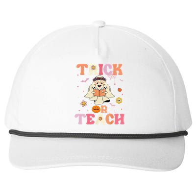 Groovy Trick Or Teach Retro Floral Ghost Halloween Teacher Snapback Five-Panel Rope Hat