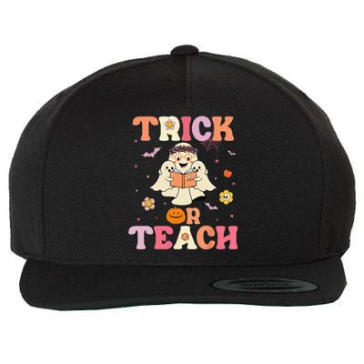 Groovy Trick Or Teach Retro Floral Ghost Halloween Teacher Wool Snapback Cap