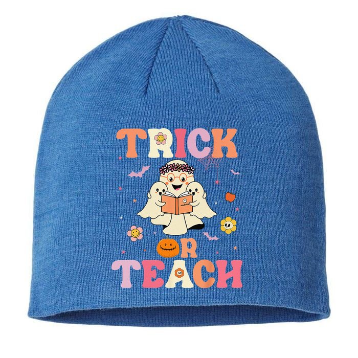 Groovy Trick Or Teach Retro Floral Ghost Halloween Teacher Sustainable Beanie