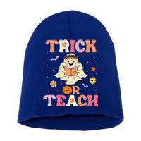 Groovy Trick Or Teach Retro Floral Ghost Halloween Teacher Short Acrylic Beanie