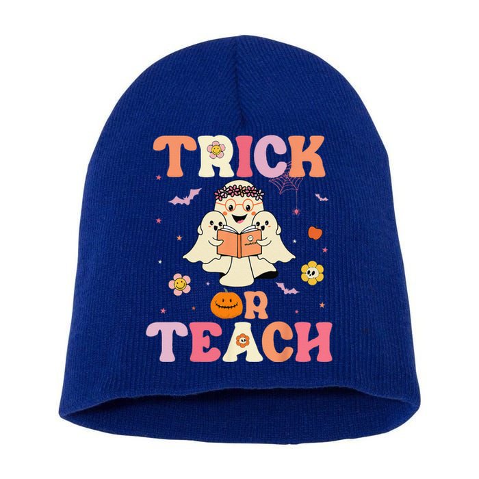 Groovy Trick Or Teach Retro Floral Ghost Halloween Teacher Short Acrylic Beanie