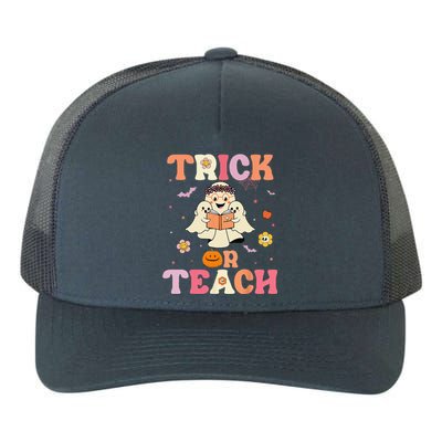 Groovy Trick Or Teach Retro Floral Ghost Halloween Teacher Yupoong Adult 5-Panel Trucker Hat