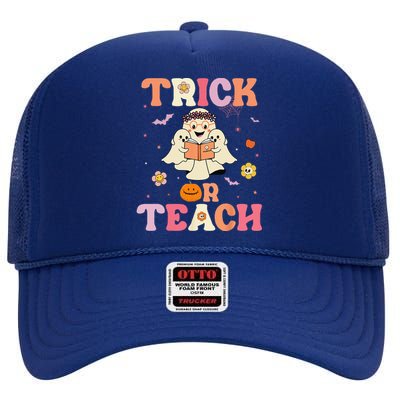 Groovy Trick Or Teach Retro Floral Ghost Halloween Teacher High Crown Mesh Back Trucker Hat