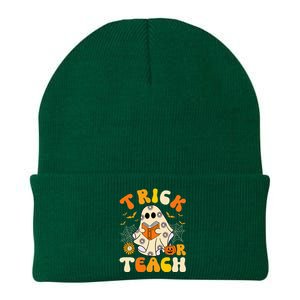 Groovy Trick Or Teach Halloween Retro Floral Ghost Teacher Knit Cap Winter Beanie