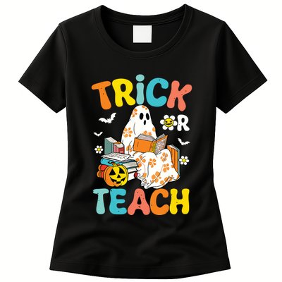 Groovy Trick Or Teach Funny Teacher Halloween Costume Womens T-Shirt
