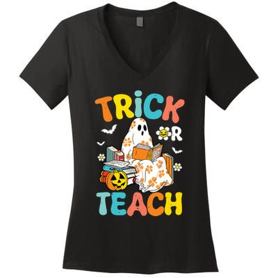 Groovy Trick Or Teach Funny Teacher Halloween Costume Women's V-Neck T-Shirt