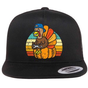 Gamer Turkey Pumpkin Thanksgiving Video Games Flat Bill Trucker Hat