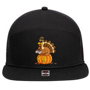 Gamer Turkey Pumpkin Retro Thanksgiving Video Games Cool Gift 7 Panel Mesh Trucker Snapback Hat