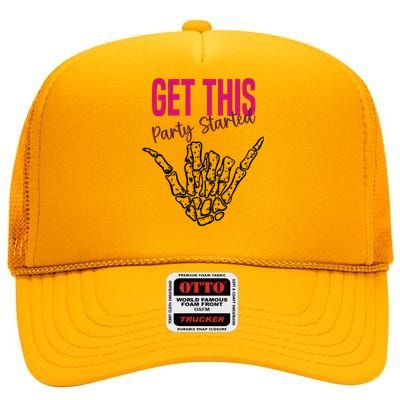 Get This Party Started Rock Skeleton High Crown Mesh Back Trucker Hat