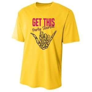 Get This Party Started Rock Skeleton Youth Performance Sprint T-Shirt