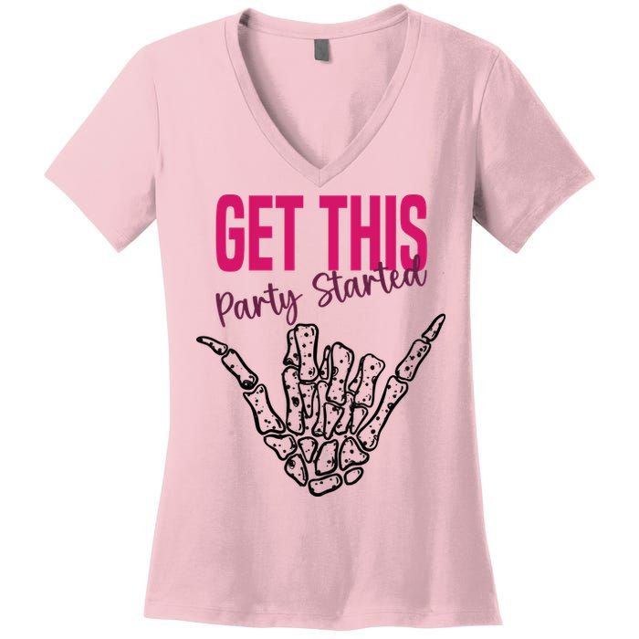 Get This Party Started Rock Skeleton Women's V-Neck T-Shirt
