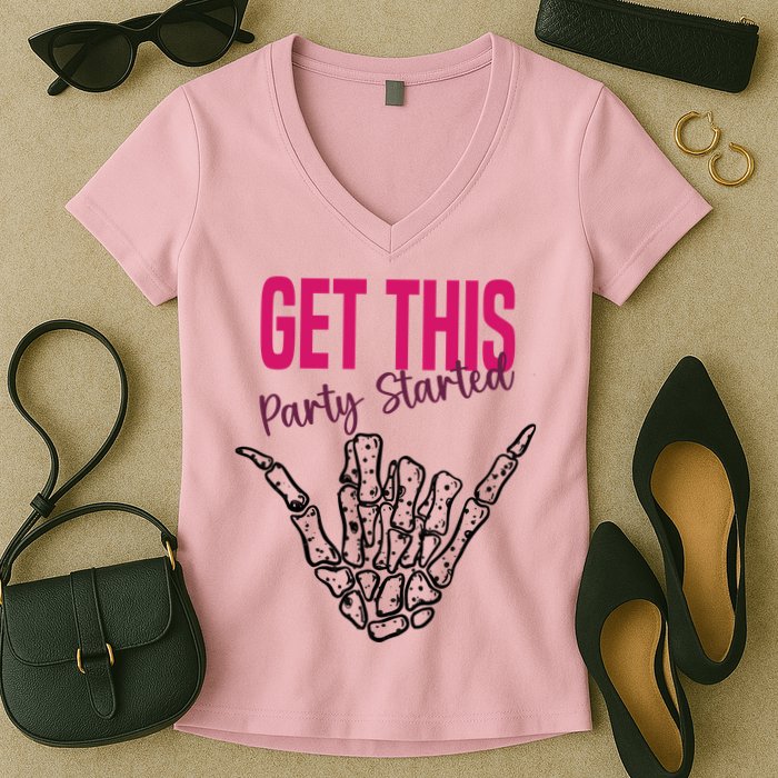 Get This Party Started Rock Skeleton Women's V-Neck T-Shirt