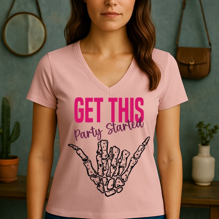 Get This Party Started Rock Skeleton Women's V-Neck T-Shirt