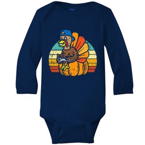 Gamer Turkey Pumpkin Retro  Thanksgiving Video Games Baby Long Sleeve Bodysuit