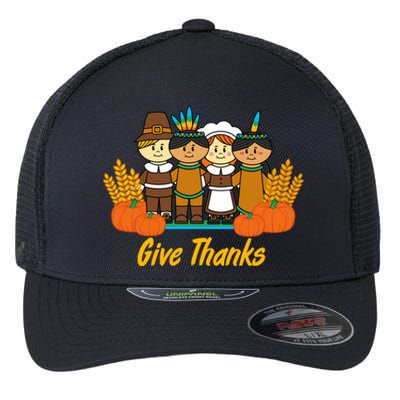 Give Thanks Pilgrim Indian Pumpkin Thanksgiving Celebration Meaningful Gift Flexfit Unipanel Trucker Cap