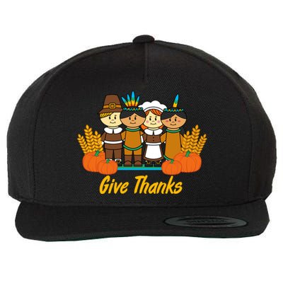 Give Thanks Pilgrim Indian Pumpkin Thanksgiving Celebration Meaningful Gift Wool Snapback Cap