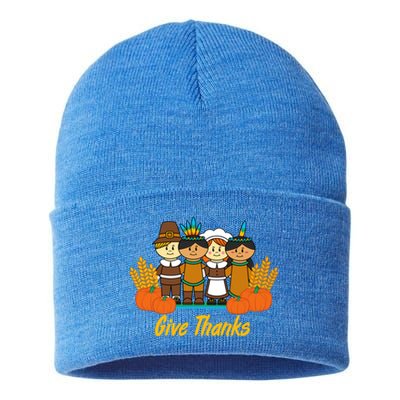 Give Thanks Pilgrim Indian Pumpkin Thanksgiving Celebration Meaningful Gift Sustainable Knit Beanie