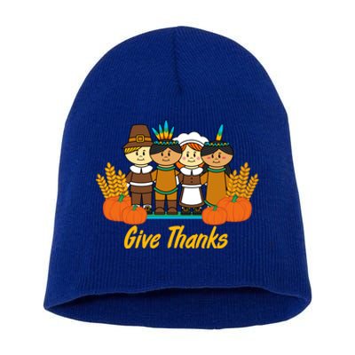 Give Thanks Pilgrim Indian Pumpkin Thanksgiving Celebration Meaningful Gift Short Acrylic Beanie