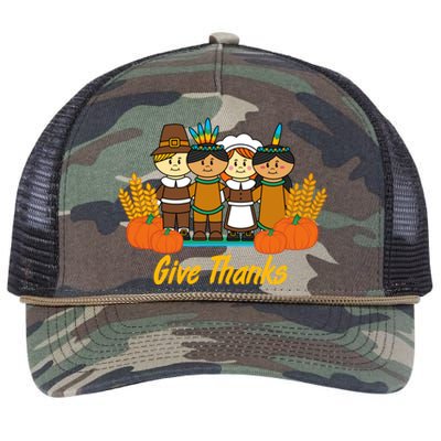 Give Thanks Pilgrim Indian Pumpkin Thanksgiving Celebration Meaningful Gift Retro Rope Trucker Hat Cap