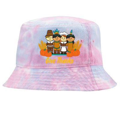 Give Thanks Pilgrim Indian Pumpkin Thanksgiving Celebration Meaningful Gift Tie-Dyed Bucket Hat