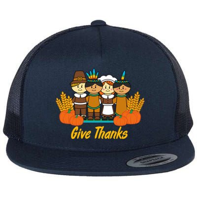 Give Thanks Pilgrim Indian Pumpkin Thanksgiving Celebration Meaningful Gift Flat Bill Trucker Hat